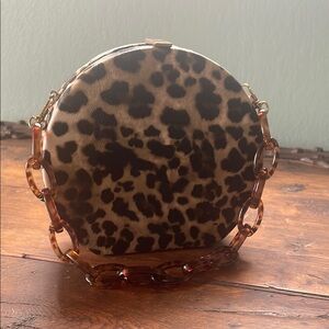 D'margeaux Leopard‎ Print Round Pillbox Purse w/ Tortoise Shell Chainlink